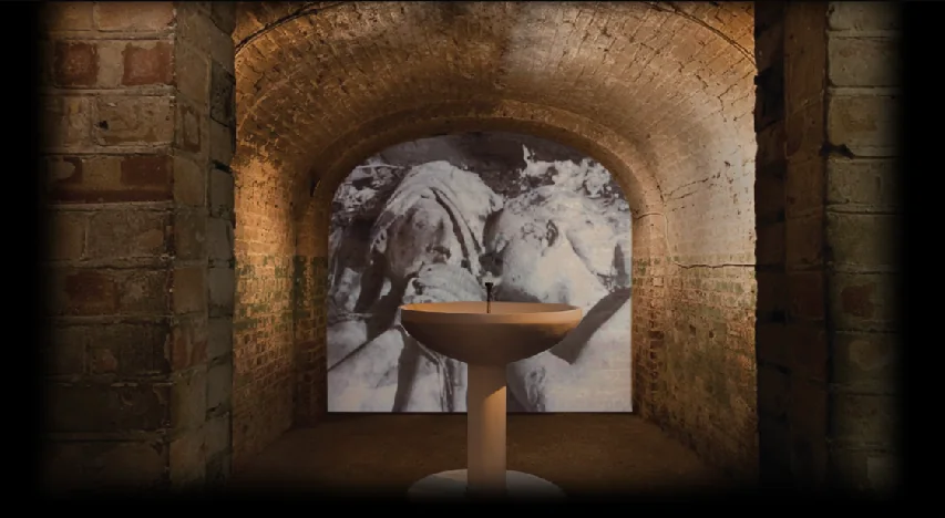 Projected artwork and fountain installation within a stone arch